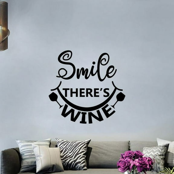 Smile There's Wine Quotes Wine Quote Wine Bottle Drinking Glass Wall Decals for Dining Room Home House Winery Restaurant Kitchen Bar Cellar Decor Stickers Wall Art Vinyl Decoration Size (28x30 inch)