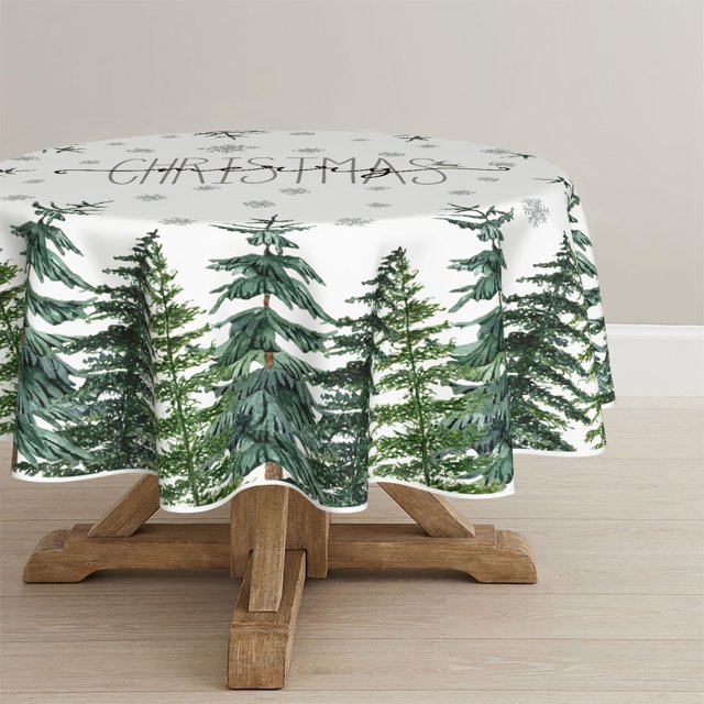 Smile Christmas Tablecloth 60 Inch Round Winter Snow Trees White