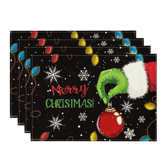 Smile Xmas Ball Merry Christmas Placemats Set of 4, 12x18 Inch Seasonal Winter Holiday Black Table Mats for Party Kitchen Dining Decoration