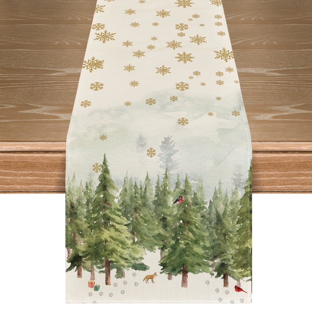 Smile Xmas Trees Cardinals Snowflakes Gifts Christmas Table Runner, Seasonal Kitchen Dining Table Decoration for Outdoor Home Party 13x108 Inch