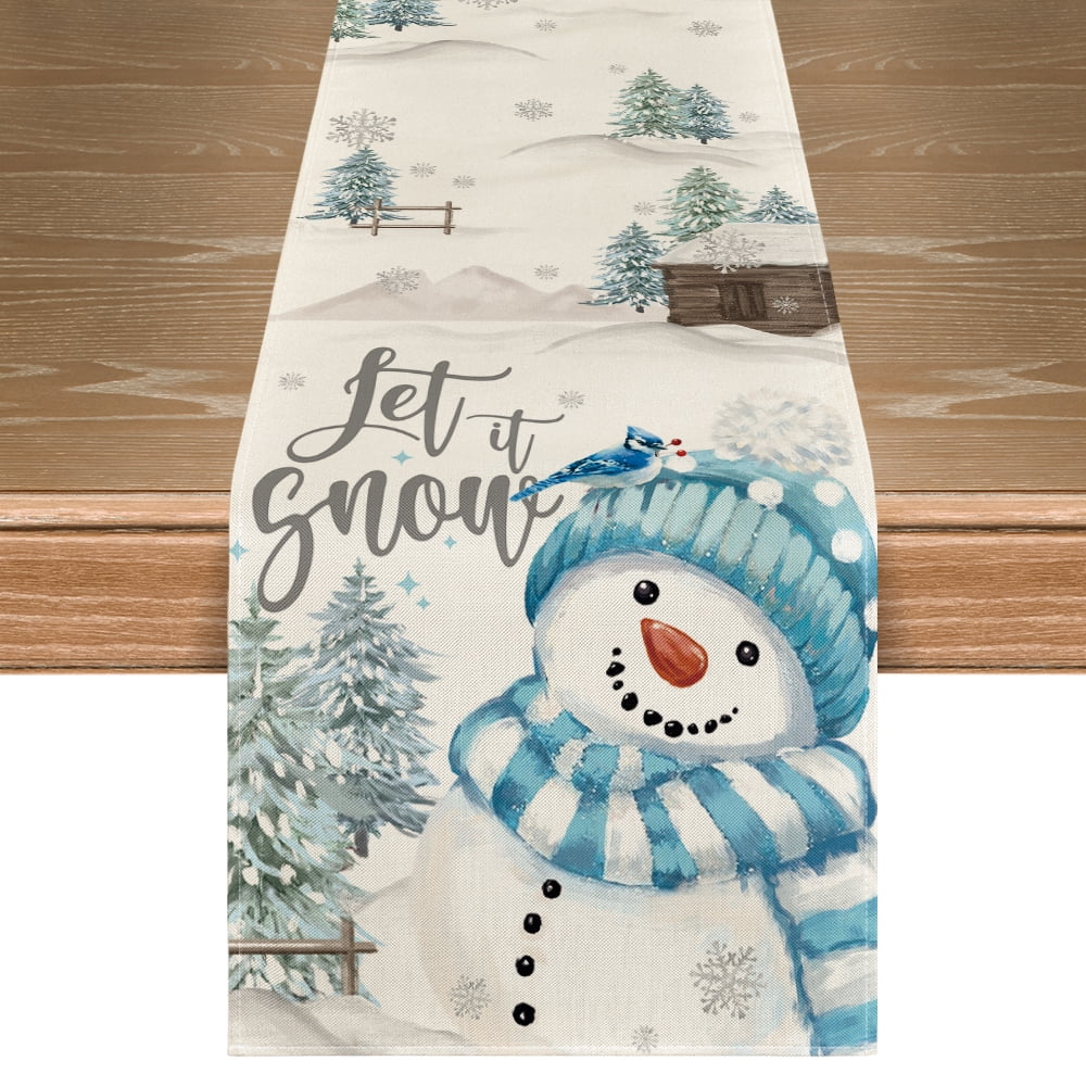 Smile Xmas Trees Let It Snow Snowman Christmas Table Runner, Seasonal Winter Holiday Kitchen Dining Table Decoration for Home Party Decor 13x72 Inch