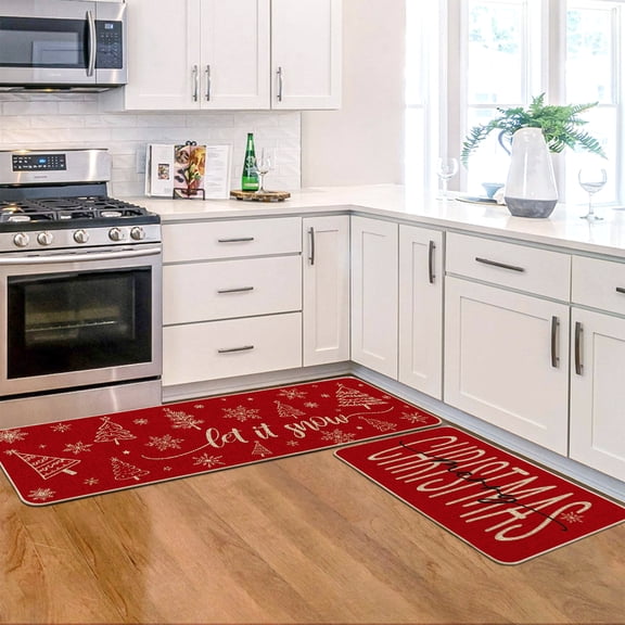 Sm:)e Xmas Trees Snowflake Let It Snow Christmas Kitchen Mats Set of 2, Winter Decor Low-Profile Kitchen Rugs for Floor - 17x29 and 17x47 Inch