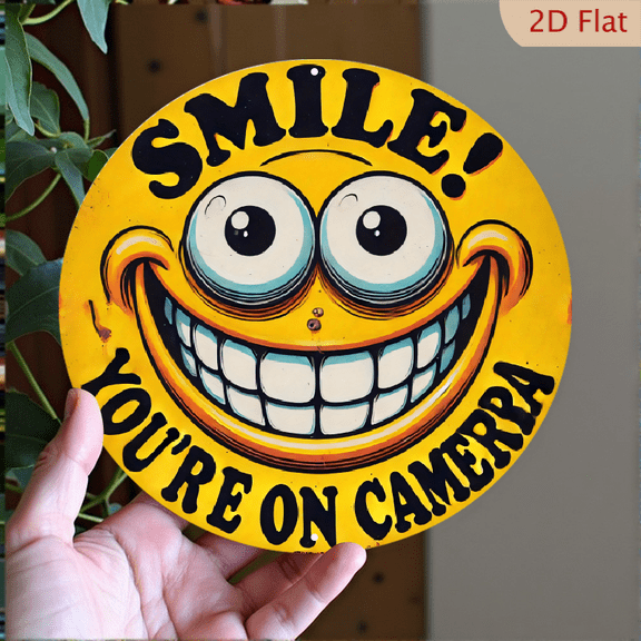 Smile You Are On Camera Round Metal Sign 8x8 Inch Vintage Style Aluminum Wall Decor for Home Security Warning and Office Decoration