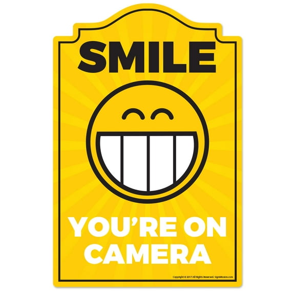 Smile You On Camera Novelty Sign | Indoor/Outdoor | Funny Home Décor for Garages, Living Rooms, Bedroom, Offices | SignMission Wall Lover Gag Gift Sign Wall Plaque Decoration
