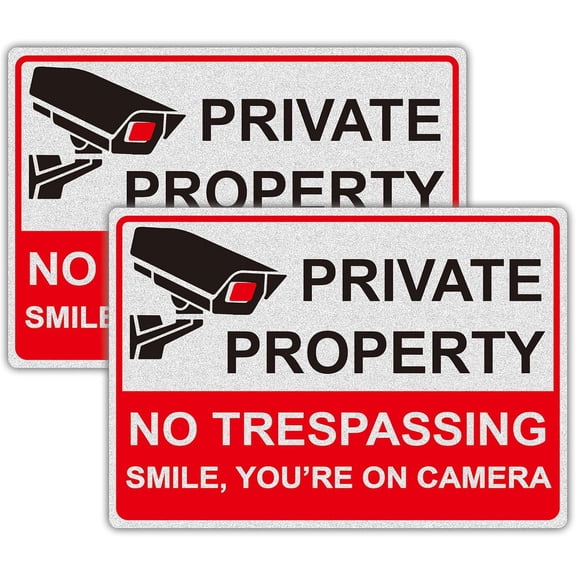 Smile Youre on Camera Signs, Private Property No Trespassing Sign, 2 Pack 10x7 Inch Reflective Vinyl Stickers for door Use, Non Metal Waterproof Weatherproof Security Warning Signs for Gate