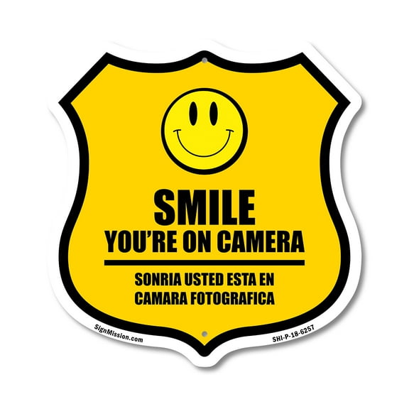 Smile You're On Camera Bilingual English / Spanish 12 inch X 12 inch Shield-Shaped Rust-Free Aluminum Metal Sign Weather Resistant Made in the USA