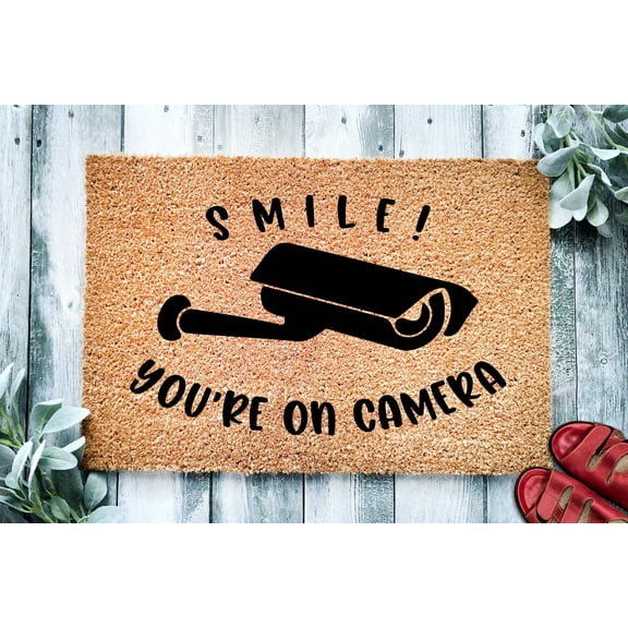 Smile You're On Camera | Security Camera Welcome Mat | Video Recording Door Mat | Ring Doorbell | Home Doormat | Housewarming | Closing Gift