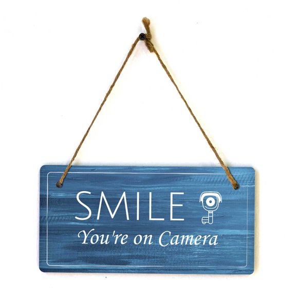 Smile You're on Camera | Rustic Dark Blue Wood 5 x 10" Hanging Sign