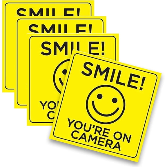 Smile You're on Camera Sticker, 6x 6 Inch, 4 Pack, Durable, Black and Yellow, Self-Adhesive