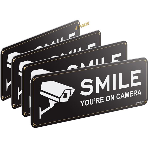 Smile Your on Camera Signs 4 Pack 9" x 3.1" Acrylic Camera Signs for Home Security, Include Adhesive Backing