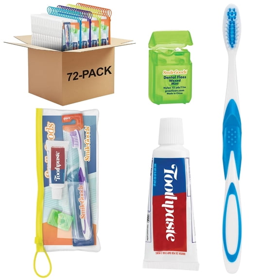 SmileGoods Adult Dental Care Kit with Toothbrush, Toothpaste, and Floss, Pack of 72