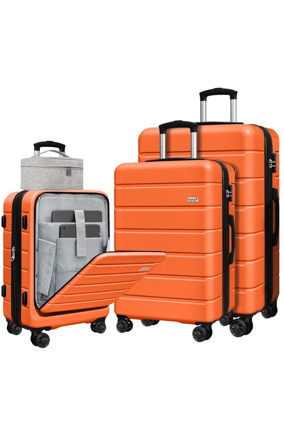 SmileLine 3-Piece Hardside Luggage Set with TSA Lock, 20" Carry-On with Front Pocket & Bonus Makeup Bag,Orange