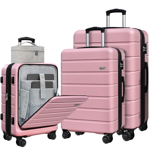 SmileLine 3-Piece Hardside Luggage Set with TSA Lock, 20" Carry-On with Front Pocket & Bonus Makeup Bag,Pink
