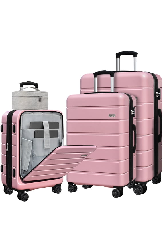 SmileLine 3-Piece Hardside Luggage Set with TSA Lock, 20" Carry-On with Front Pocket & Bonus Makeup Bag,Pink