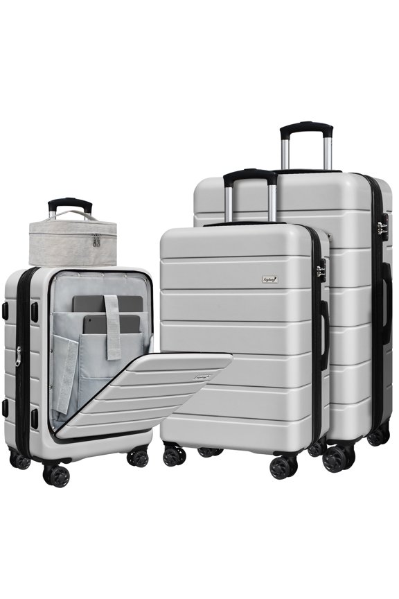SmileLine 3-Piece Hardside Luggage Set with TSA Lock, 20" Carry-On with Front Pocket & Bonus Makeup Bag,Silver