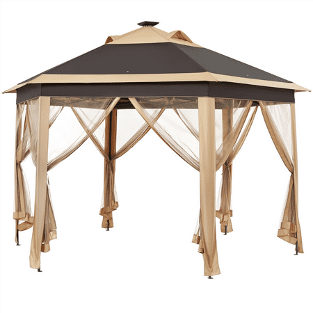 Alden design 13'*11'Hexagonal Pop-Up Gazebo W/ Mesh Netting Sides & 25 Solar LED Lights, Khaki/Brown