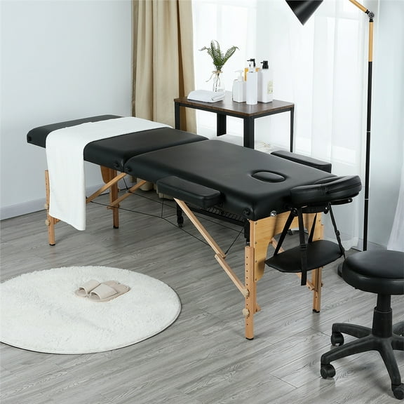 Alden Design 2 Section Portable Massage Table with Headrest Armrest, Black