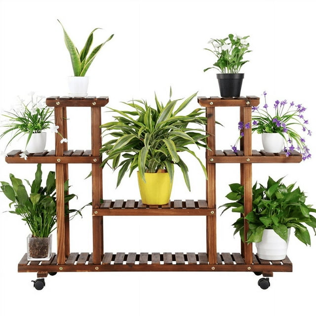 SmileMart 4-Tier 6-Shelf Rolling Wooden Flower Display Stand for Indoors or Outdoors