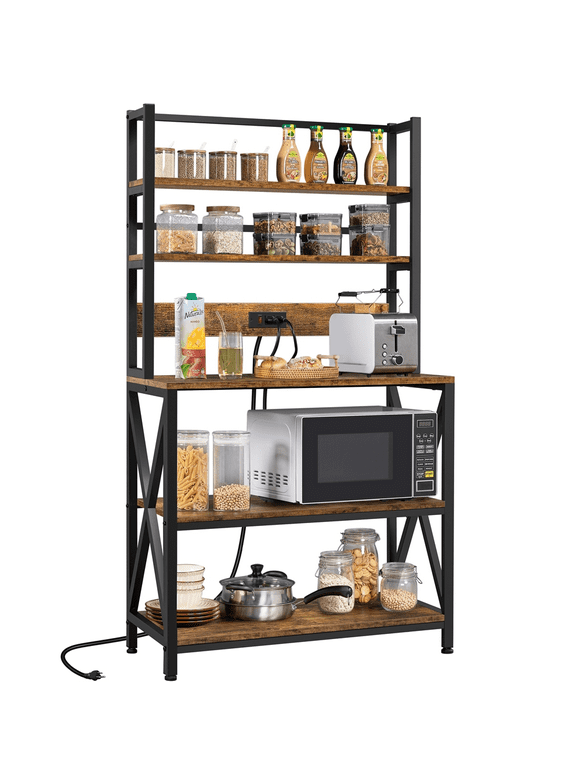 SmileMart 5-Tier Kitchen Baker’s Racks with Power Outlets for Kitchens, Rustic Brown