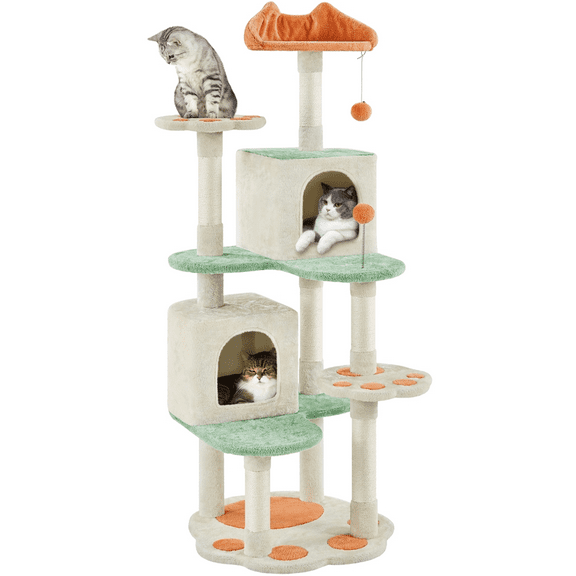 Alden Design 57.5″ Tall Cat Tree Paw-Shaped Play Tower for Small/Medium Cats, Beige