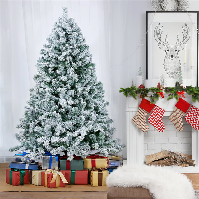 SmileMart 6 Ft Pre-lit Flocked Christmas Tree with Warm Lights, Frosted White