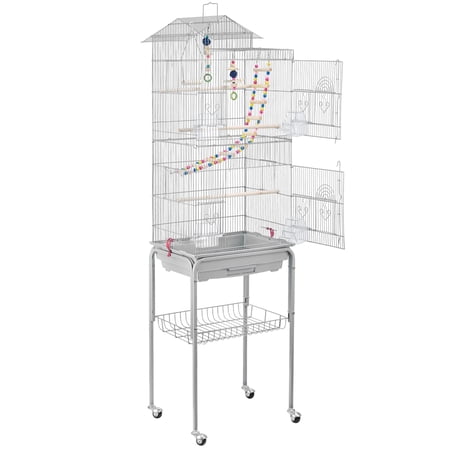 Alden Design 62.4" H Rolling Mid-Size Metal Bird Cage with Perches, Light Gray