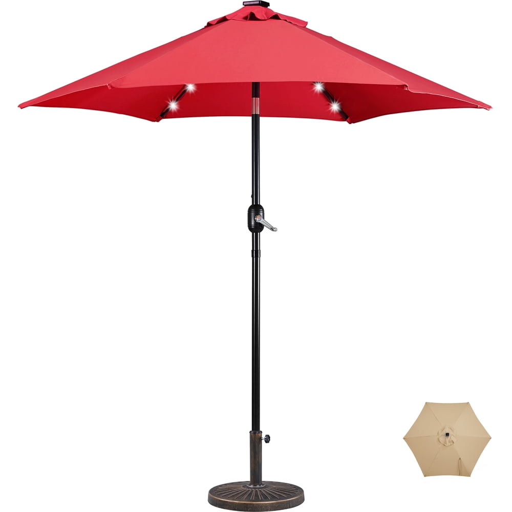 Alden Design 7.5FT LED Patio Umbrella with 6 Ribs & 18 LED Solar Lights + Patio Umbrella Base,Red
