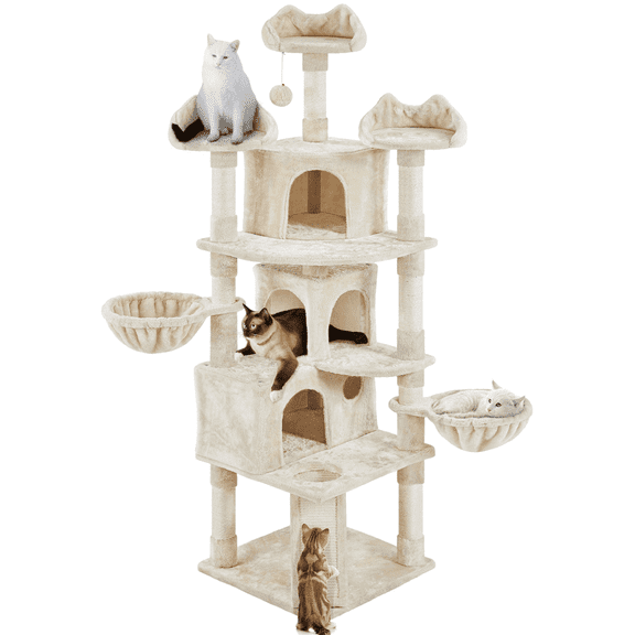 Alden Design 76.5" H Large Cat Tree Tower with 3 Condos Cozy Perches Dangling Ball, Beige