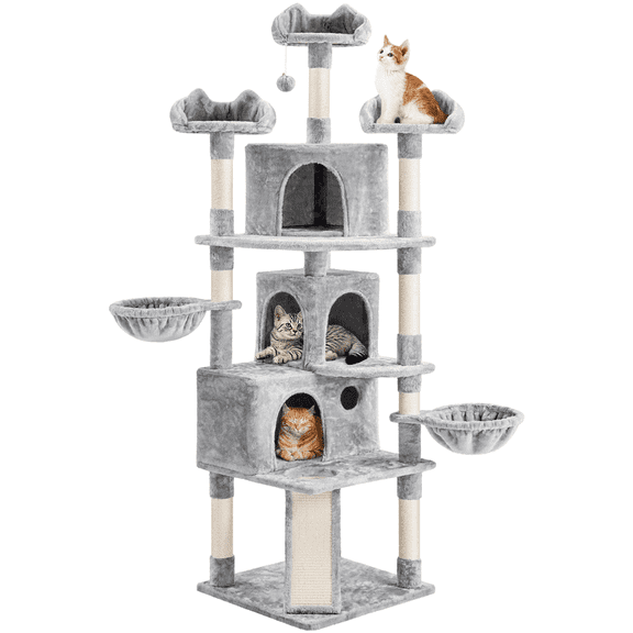 Alden Design 76.5"H Large Cat Tree Tower with 3 Condos Cozy Perches Dangling Ball, Light Gray