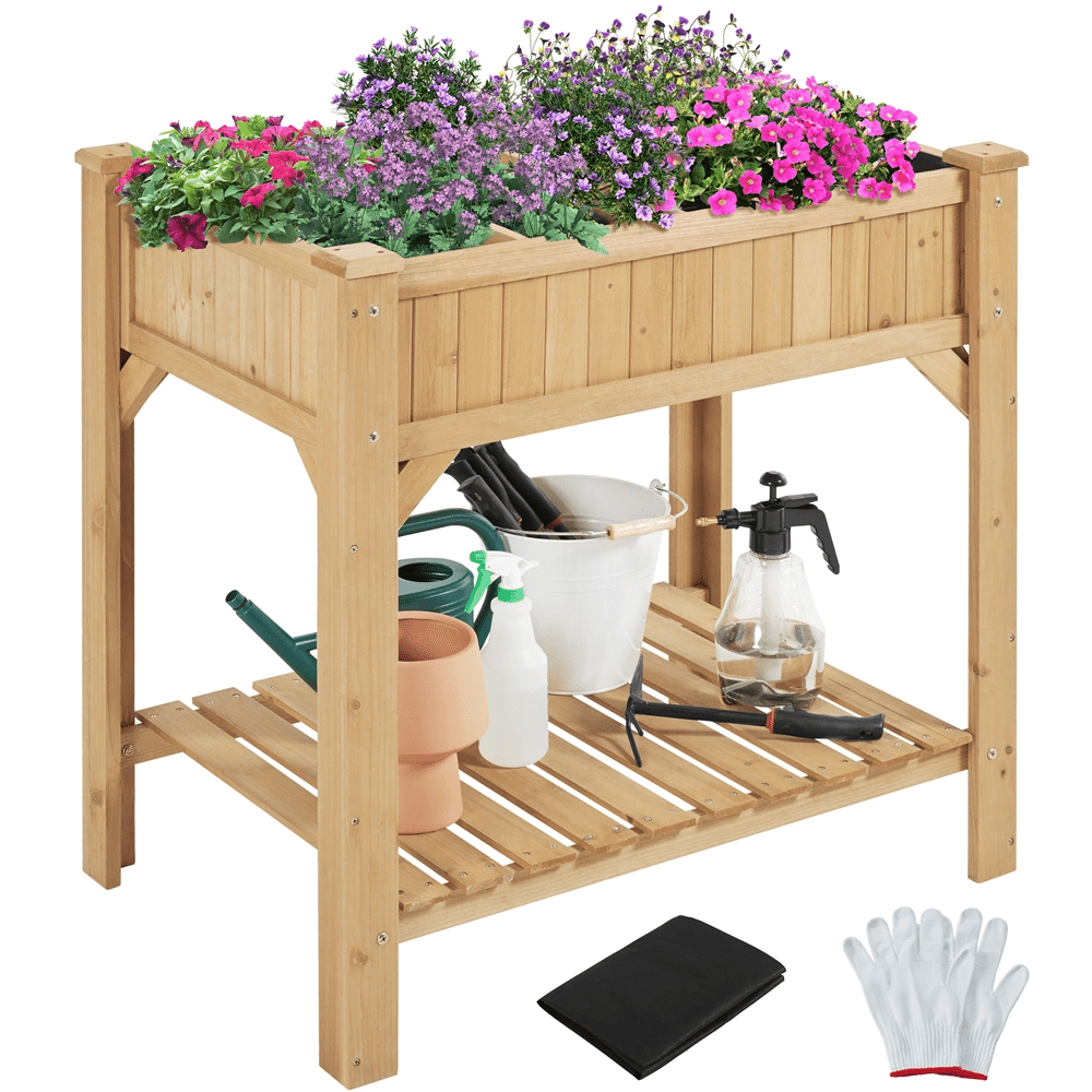 ALden design 8-Pocket Wood Elevated Garden Planter with Fabric Liner, Light Brown