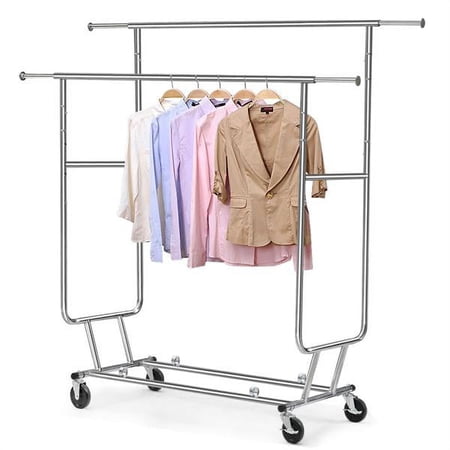 Alden Design Adjustable Commercial Grade Collapsible Double Rail Garment Rack , Silver