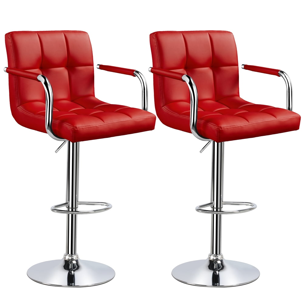 SmileMart Adjustable PU Leather Bar Stool with High Back 2pcs Red
