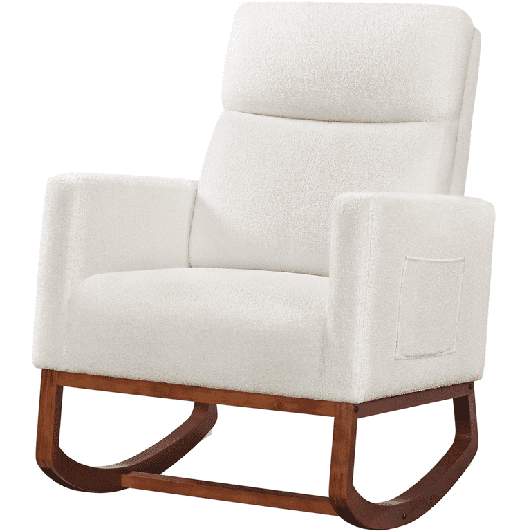 SmileMart Boucle Upholstered Rocking Chair with Rubberwood Legs for Living Rooms Ivory