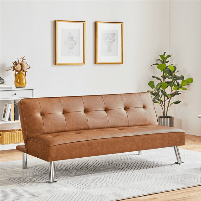 SmileMart Convertible Tufted Faux Leather Futon Sofa Bed with Chrome Metal Legs, Brown