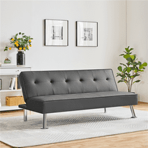 SmileMart Convertible Tufted Faux Leather Futon Sofa Bed with Chrome Metal Legs, Gray