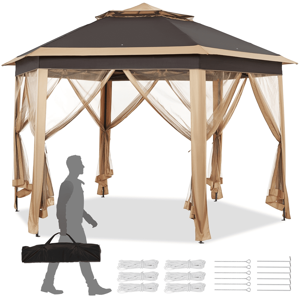 Alden Design Hexagonal Pop up Gazebo with Metal Frame and Mesh Netting, Khaki/Brown