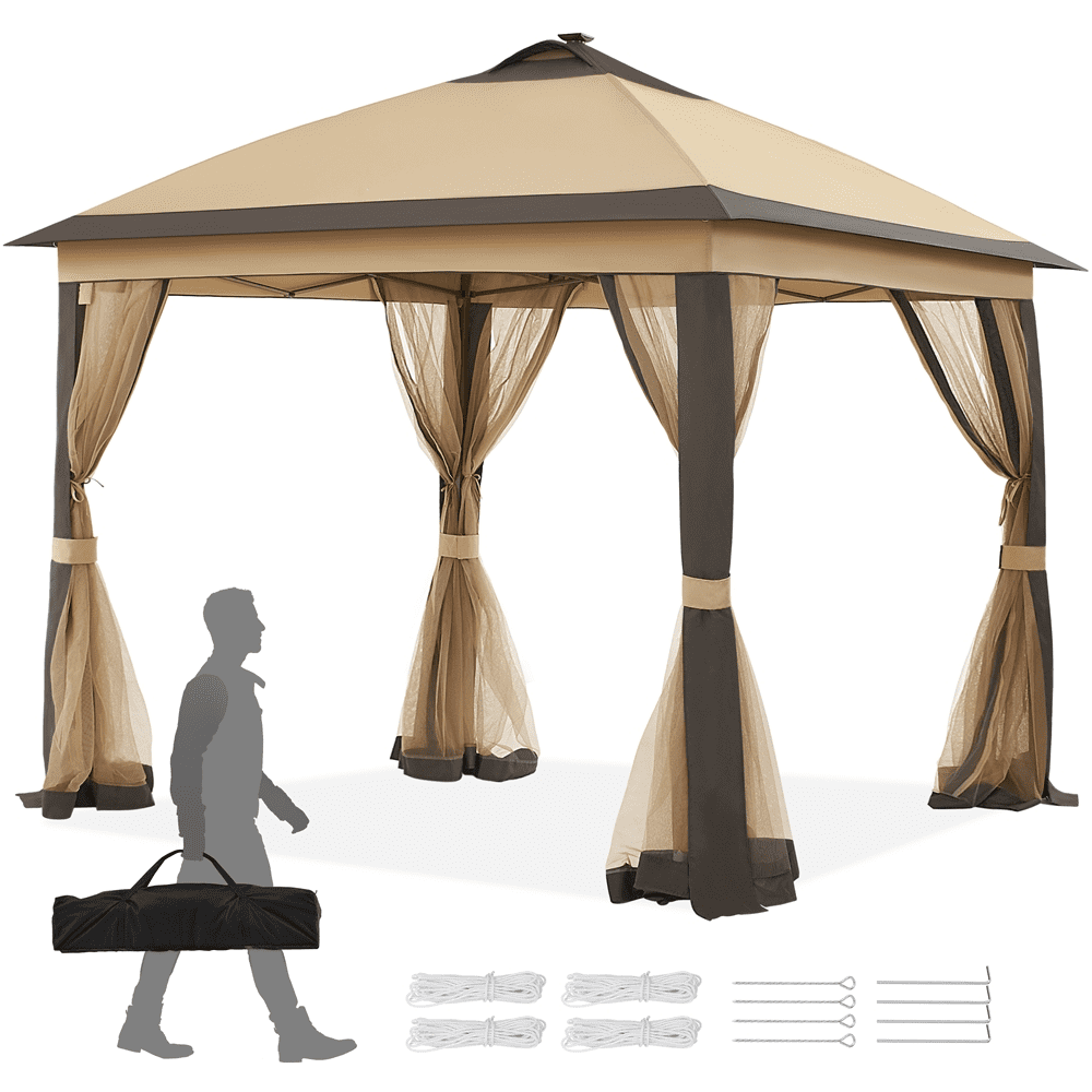 Alden Design Pop-Up Canopy Metal Frame Outdoor Gazebo with Double Tiers and Mesh Netting Solar LED Lights for Weddings Patio Garden Khaki/Brown