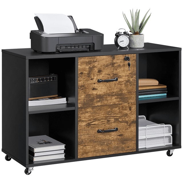 SmileMart Rolling File Cabinet with 2 Drawers, Black/Rustic Brown