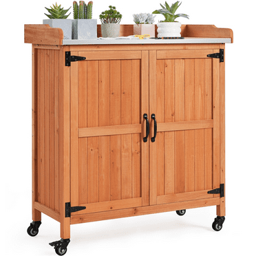 SmileMart Wooden Garden Potting Bench Table with Cabinet Brown for Outdoor, Brown
