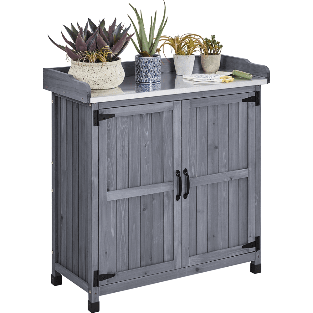 Gray Fir Wood Outdoor Potting Bench with Storage Cabinet