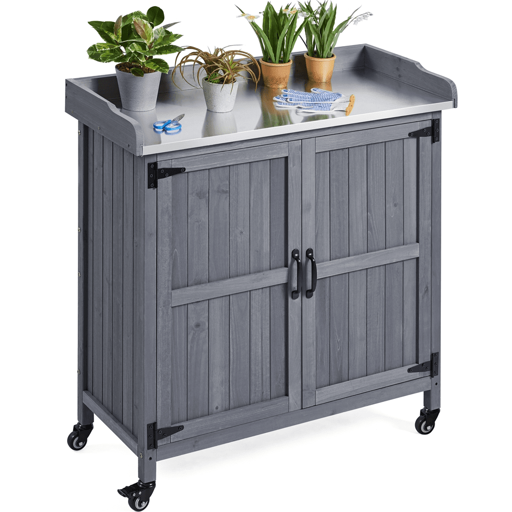 Gray Fir Wood Outdoor Potting Bench with Storage Cabinet
