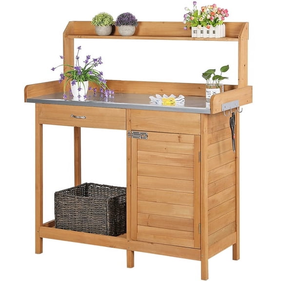 Alden design Wooden Garden Potting Bench with Cabinet, Oak