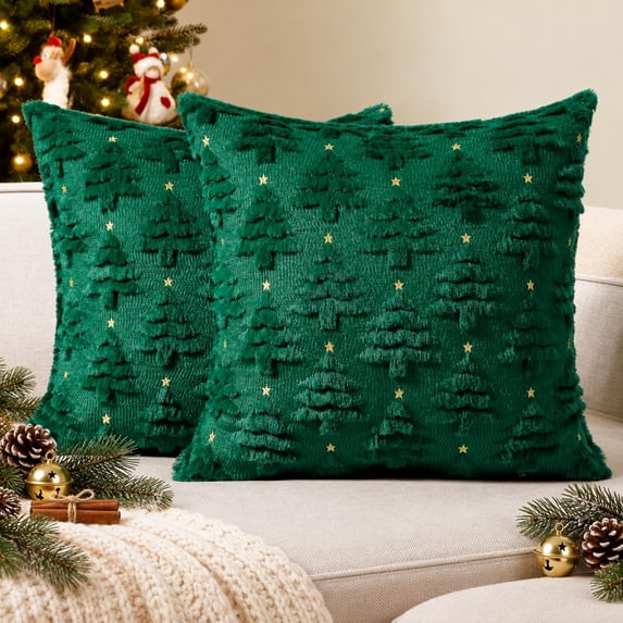 Smile Bee 18x18 Christmas Throw Pillow Covers Set of 2, Soft Plush Faux Wool Decorative Pillow Covers for Sofa Bedroom, Christmas Green