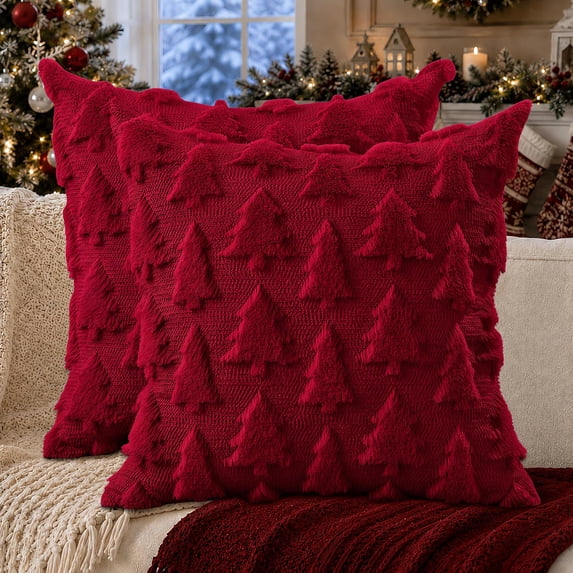 Smile Bee 18x18 Christmas Tree Throw Pillow Covers Set of 2, Soft Plush Faux Wool Decorative Pillow Covers for Sofa Bedroom, Wine Red