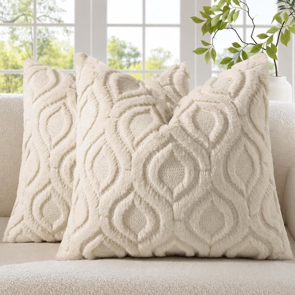 Smile Bee 18x18 Throw Pillow Covers Set of 2, Soft Plush Faux Wool Decorative Pillow Covers for Sofa Bedroom, Beige