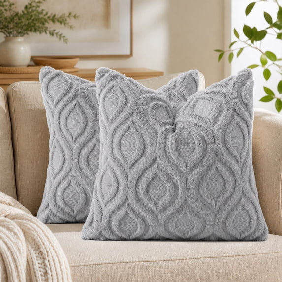 Smile Bee 18x18 Throw Pillow Covers Set of 2, Soft Plush Faux Wool Decorative Pillow Covers for Sofa Bedroom, Grey