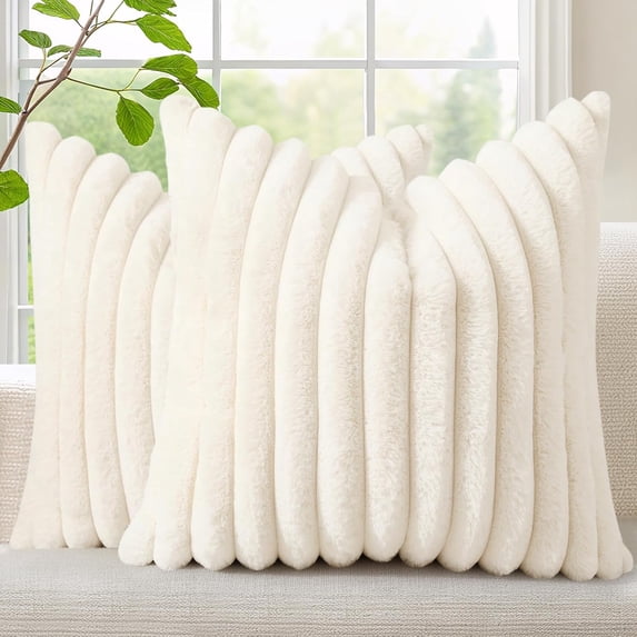 Smile Bee 18x18 inch Faux Fur Plush Decorative Throw Pillow Covers Set of 2, Soft Fluffy Striped Decorative Modern Couch Pillow Cases for Sofa and Bed, Cream White