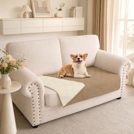 Smilebee Waterproof Sofa Cover for Dogs Pets, Reversible Couch Cover Machine Washable, Furniture Protector Slipcover for Kids, 30x53 Inch, Camel & Beige