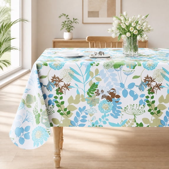 Smile Bee Waterproof Vinyl Tablecloth, Rectangle Wipeable Spill-Proof Table Cover with Flannel Backing for Home, Kitchen, Dining, Party & Outdoor (Blue and Green, 60" x 102")