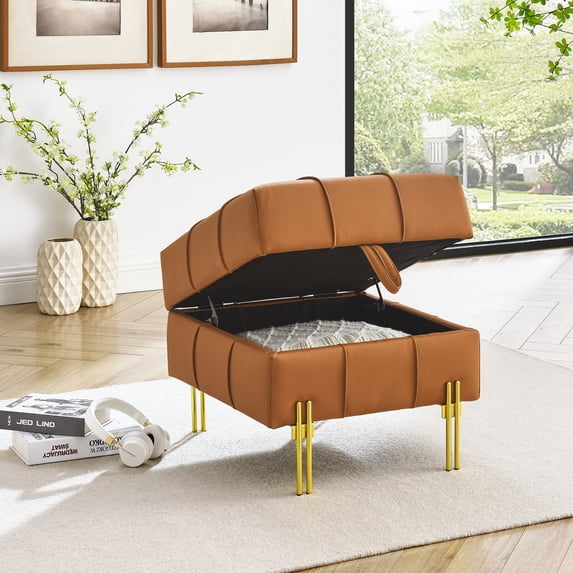 Smilegend 22" Faux Leather Storage Ottoman, Scratch-Resistant Entryway Bench with Storage, Pet-Friendly Footrest with Gold Metal Legs, Orange